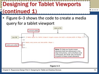 • Figure 6–3 shows the code to create a media
query for a tablet viewport
Chapter 6: Responsive Design Part 2: Designing for Tablet and Desktop Devices 15
Designing for Tablet Viewports
(continued 1)
 