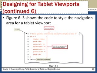 • Figure 6–5 shows the code to style the navigation
area for a tablet viewport
Chapter 6: Responsive Design Part 2: Designing for Tablet and Desktop Devices 20
Designing for Tablet Viewports
(continued 6)
 