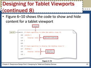 • Figure 6–10 shows the code to show and hide
content for a tablet viewport
Chapter 6: Responsive Design Part 2: Designing for Tablet and Desktop Devices 22
Designing for Tablet Viewports
(continued 8)
 
