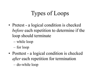 Types of Loops
• Pretest - a logical condition is checked
before each repetition to determine if the
loop should terminate
– while loop
– for loop
• Posttest - a logical condition is checked
after each repetition for termination
– do-while loop
 
