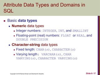 Copyright © 2016 Ramez Elmasri and Shamkant B. Navathe
Attribute Data Types and Domains in
SQL
 Basic data types
 Numeric data types
 Integer numbers: INTEGER, INT, and SMALLINT
 Floating-point (real) numbers: FLOAT or REAL, and
DOUBLE PRECISION
 Character-string data types
 Fixed length: CHAR(n), CHARACTER(n)
 Varying length: VARCHAR(n), CHAR
VARYING(n), CHARACTER VARYING(n)
Slide 6- 17
 