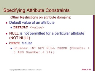 Copyright © 2016 Ramez Elmasri and Shamkant B. Navathe
Specifying Attribute Constraints
Other Restrictions on attribute domains:
 Default value of an attribute
 DEFAULT <value>
 NULL is not permitted for a particular attribute
(NOT NULL)
 CHECK clause
 Dnumber INT NOT NULL CHECK (Dnumber >
0 AND Dnumber < 21);
Slide 6- 22
 