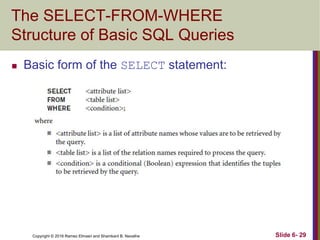 Copyright © 2016 Ramez Elmasri and Shamkant B. Navathe
The SELECT-FROM-WHERE
Structure of Basic SQL Queries
 Basic form of the SELECT statement:
Slide 6- 29
 