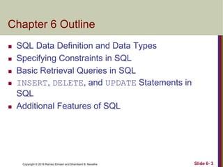 Copyright © 2016 Ramez Elmasri and Shamkant B. Navathe
Chapter 6 Outline
 SQL Data Definition and Data Types
 Specifying Constraints in SQL
 Basic Retrieval Queries in SQL
 INSERT, DELETE, and UPDATE Statements in
SQL
 Additional Features of SQL
Slide 6- 3
 