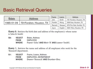 Copyright © 2016 Ramez Elmasri and Shamkant B. Navathe
Basic Retrieval Queries
Slide 6- 31
 