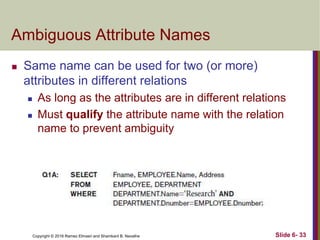 Copyright © 2016 Ramez Elmasri and Shamkant B. Navathe
Ambiguous Attribute Names
 Same name can be used for two (or more)
attributes in different relations
 As long as the attributes are in different relations
 Must qualify the attribute name with the relation
name to prevent ambiguity
Slide 6- 33
 