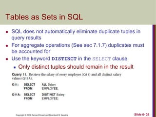 Copyright © 2016 Ramez Elmasri and Shamkant B. Navathe
Tables as Sets in SQL
 SQL does not automatically eliminate duplicate tuples in
query results
 For aggregate operations (See sec 7.1.7) duplicates must
be accounted for
 Use the keyword DISTINCT in the SELECT clause
 Only distinct tuples should remain in the result
Slide 6- 38
 