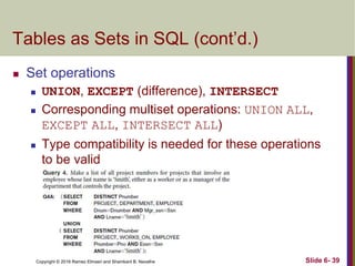 Copyright © 2016 Ramez Elmasri and Shamkant B. Navathe
Tables as Sets in SQL (cont’d.)
 Set operations
 UNION, EXCEPT (difference), INTERSECT
 Corresponding multiset operations: UNION ALL,
EXCEPT ALL, INTERSECT ALL)
 Type compatibility is needed for these operations
to be valid
Slide 6- 39
 