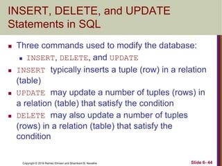 Copyright © 2016 Ramez Elmasri and Shamkant B. Navathe
INSERT, DELETE, and UPDATE
Statements in SQL
 Three commands used to modify the database:
 INSERT, DELETE, and UPDATE
 INSERT typically inserts a tuple (row) in a relation
(table)
 UPDATE may update a number of tuples (rows) in
a relation (table) that satisfy the condition
 DELETE may also update a number of tuples
(rows) in a relation (table) that satisfy the
condition
Slide 6- 44
 