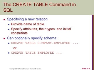 Copyright © 2016 Ramez Elmasri and Shamkant B. Navathe
The CREATE TABLE Command in
SQL
 Specifying a new relation
 Provide name of table
 Specify attributes, their types and initial
constraints
 Can optionally specify schema:
 CREATE TABLE COMPANY.EMPLOYEE ...
or
 CREATE TABLE EMPLOYEE ...
Slide 6- 9
 