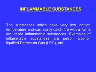 INFLAMMABLE SUBSTANCES
The substances which have very low ignition
temperature and can easily catch fire with a flame
are called inflammable substances. Examples of
inflammable substances are petrol, alcohol,
liquified Petroleum Gas (LPG), etc.
 
