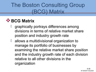 The Boston Consulting Group
(BCG) Matrix
BCG Matrix
 graphically portrays differences among
divisions in terms of relative market share
position and industry growth rate
 allows a multidivisional organization to
manage its portfolio of businesses by
examining the relative market share position
and the industry growth rate of each division
relative to all other divisions in the
organization
BY:MADDY.KALEEM
6-38
 