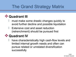 The Grand Strategy Matrix
Quadrant III
 must make some drastic changes quickly to
avoid further decline and possible liquidation
 Extensive cost and asset reduction
(retrenchment) should be pursued first
Quadrant IV
 have characteristically high cash-flow levels and
limited internal growth needs and often can
pursue related or unrelated diversification
successfully
BY:MADDY.KALEEM
6-55
 