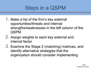 Steps in a QSPM
1. Make a list of the firm’s key external
opportunities/threats and internal
strengths/weaknesses in the left column of the
QSPM
2. Assign weights to each key external and
internal factor
3. Examine the Stage 2 (matching) matrices, and
identify alternative strategies that the
organization should consider implementing
BY:MADDY.KALEEM
6-60
 