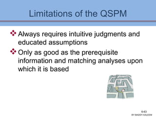 Limitations of the QSPM
Always requires intuitive judgments and
educated assumptions
Only as good as the prerequisite
information and matching analyses upon
which it is based
BY:MADDY.KALEEM
6-63
 