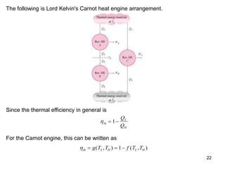 22
The following is Lord Kelvin's Carnot heat engine arrangement.
Since the thermal efficiency in general is
th
L
H
Q
Q
 
1
For the Carnot engine, this can be written as
th L H L H
g T T f T T
  
( , ) ( , )
1
 