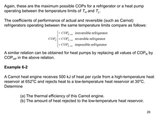 26
Again, these are the maximum possible COPs for a refrigerator or a heat pump
operating between the temperature limits of TH and TL.
The coefficients of performance of actual and reversible (such as Carnot)
refrigerators operating between the same temperature limits compare as follows:
A similar relation can be obtained for heat pumps by replacing all values of COPR by
COPHP in the above relation.
Example 6-2
A Carnot heat engine receives 500 kJ of heat per cycle from a high-temperature heat
reservoir at 652o
C and rejects heat to a low-temperature heat reservoir at 30o
C.
Determine
(a) The thermal efficiency of this Carnot engine.
(b) The amount of heat rejected to the low-temperature heat reservoir.
 