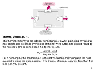 5
Thermal Efficiency, th
The thermal efficiency is the index of performance of a work-producing device or a
heat engine and is defined by the ratio of the net work output (the desired result) to
the heat input (the costs to obtain the desired result).
th 
Desired Result
Required Input
For a heat engine the desired result is the net work done and the input is the heat
supplied to make the cycle operate. The thermal efficiency is always less than 1 or
less than 100 percent.
 