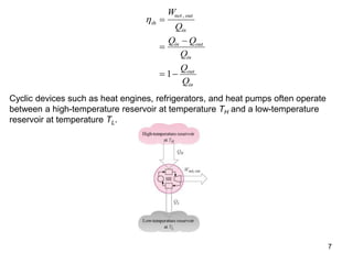 7
th
net out
in
in out
in
out
in
W
Q
Q Q
Q
Q
Q



 
,
1
Cyclic devices such as heat engines, refrigerators, and heat pumps often operate
between a high-temperature reservoir at temperature TH and a low-temperature
reservoir at temperature TL.
 