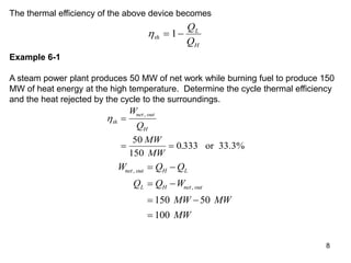 8
The thermal efficiency of the above device becomes
th
L
H
Q
Q
 
1
Example 6-1
A steam power plant produces 50 MW of net work while burning fuel to produce 150
MW of heat energy at the high temperature. Determine the cycle thermal efficiency
and the heat rejected by the cycle to the surroundings.
th
net out
H
W
Q
MW
MW

 
,
.
50
150
0 333 or 33.3%
W Q Q
Q Q W
MW MW
MW
net out H L
L H net out
,
,
 
 
 

150 50
100
 