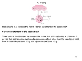 14
th < 100%
Heat engine that violates the Kelvin-Planck statement of the second law
Clausius statement of the second law
The Clausius statement of the second law states that it is impossible to construct a
device that operates in a cycle and produces no effect other than the transfer of heat
from a lower-temperature body to a higher-temperature body.
 