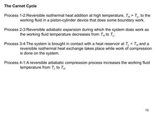 19
The Carnot Cycle
Process 1-2:Reversible isothermal heat addition at high temperature, TH > TL, to the
working fluid in a piston-cylinder device that does some boundary work.
Process 2-3:Reversible adiabatic expansion during which the system does work as
the working fluid temperature decreases from TH to TL.
Process 3-4:The system is brought in contact with a heat reservoir at TL < TH and a
reversible isothermal heat exchange takes place while work of compression
is done on the system.
Process 4-1:A reversible adiabatic compression process increases the working fluid
temperature from TL to TH
 