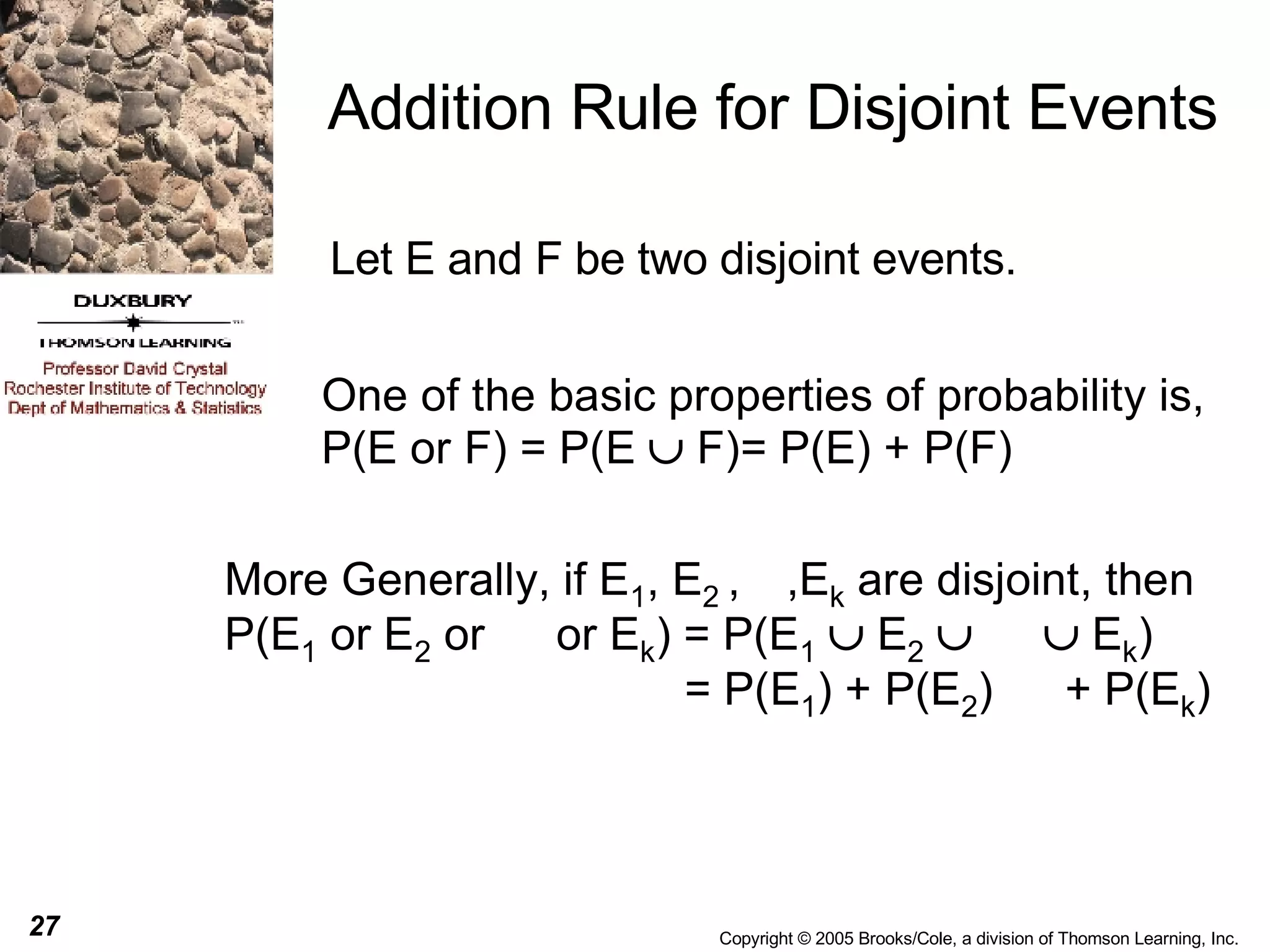 Addition Rule for Disjoint Events Let E and F be two disjoint events.  