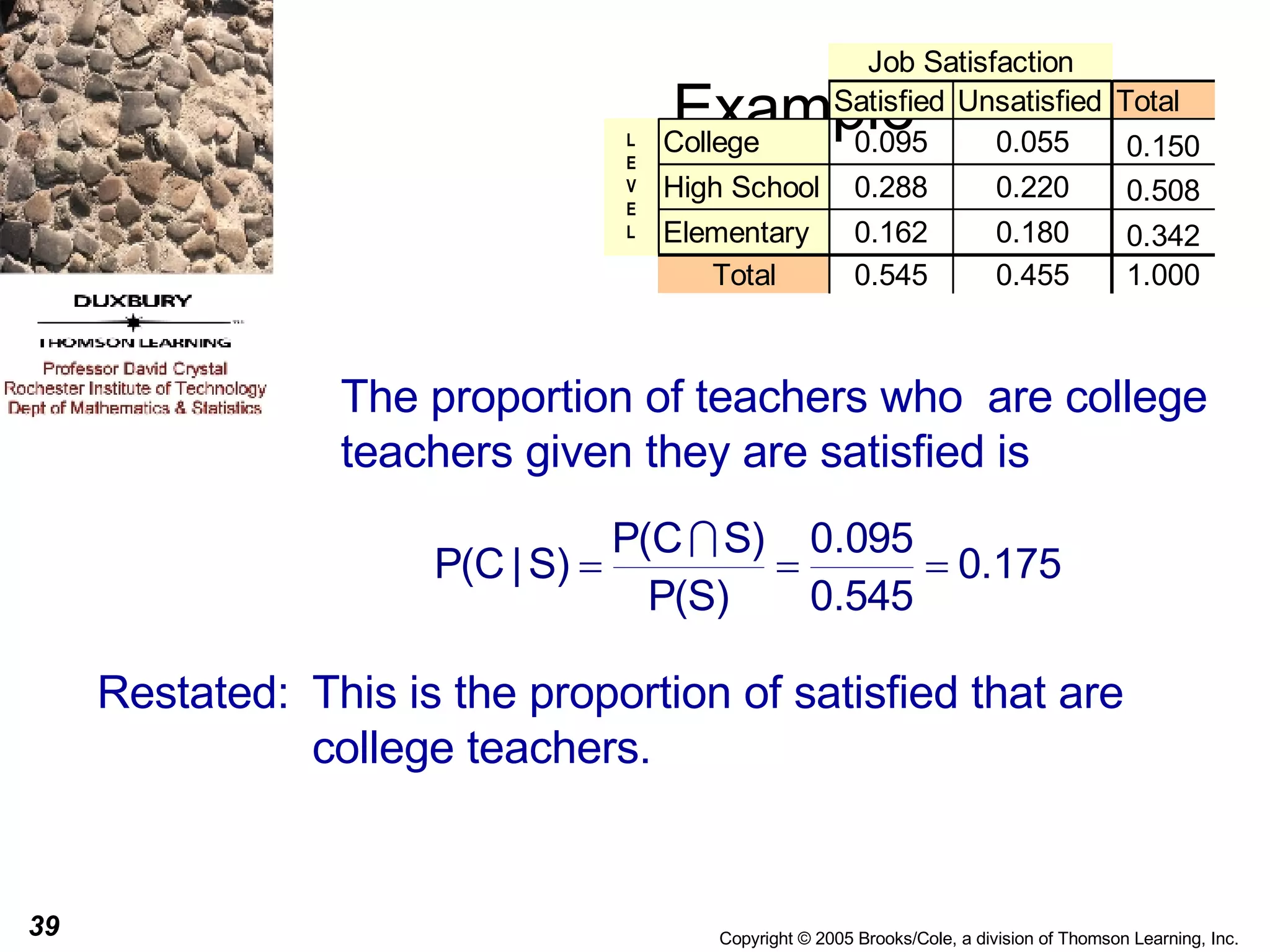 Example Restated: This is the proportion of satisfied that are college teachers. The proportion of teachers who  are college teachers given they are satisfied is 