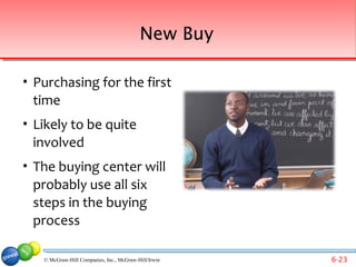 New Buy

•   Purchasing for the first
    time
•   Likely to be quite
    involved
•   The buying center will
    probably use all six
    steps in the buying
    process

     © McGraw-Hill Companies, Inc., McGraw-Hill/Irwin   6-23
 