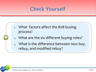 Check Yourself


   1.     What factors affect the B2B buying
          process?
   2.     What are the six different buying roles?
   3.     What is the difference between new buy,
          rebuy, and modified rebuy?




© McGraw-Hill Companies, Inc., McGraw-Hill/Irwin     6-31
 