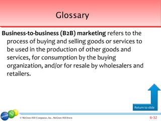 Glossary

Business-to-business (B2B) marketing refers to the
 process of buying and selling goods or services to
 be used in the production of other goods and
 services, for consumption by the buying
 organization, and/or for resale by wholesalers and
 retailers.




                                                         Return to slide


      © McGraw-Hill Companies, Inc., McGraw-Hill/Irwin              6-32
 