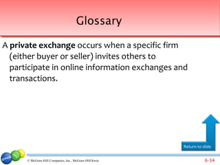 Glossary

A private exchange occurs when a specific firm
  (either buyer or seller) invites others to
  participate in online information exchanges and
  transactions.




                                                         Return to slide


      © McGraw-Hill Companies, Inc., McGraw-Hill/Irwin              6-34
 