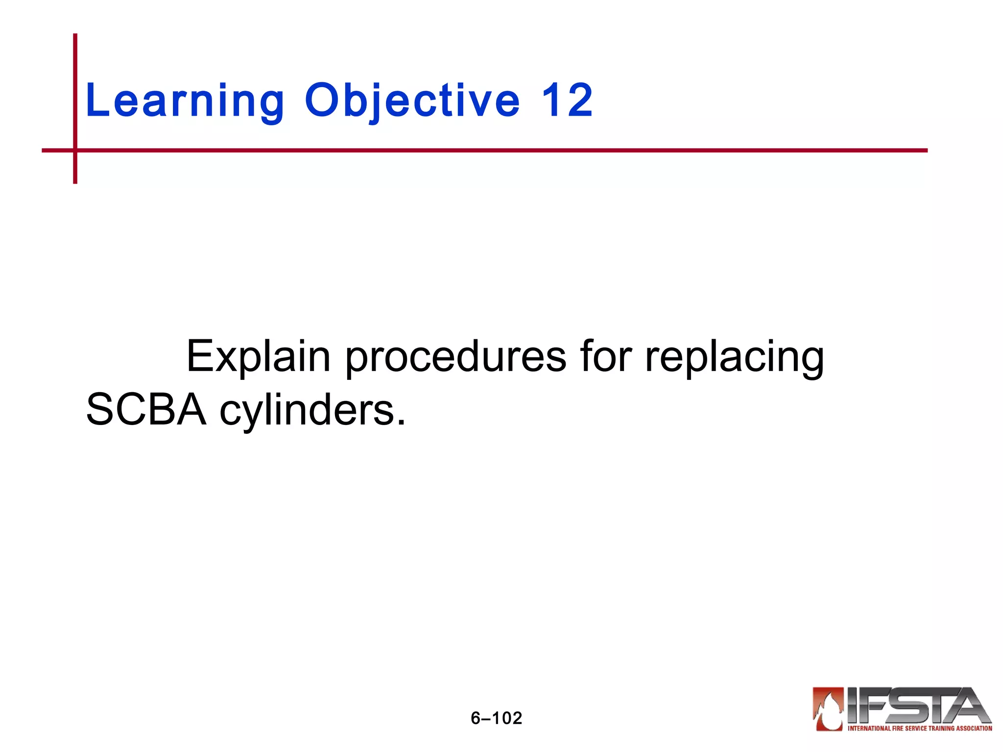 Explain procedures for replacing
SCBA cylinders.
Learning Objective 12
6–102
 