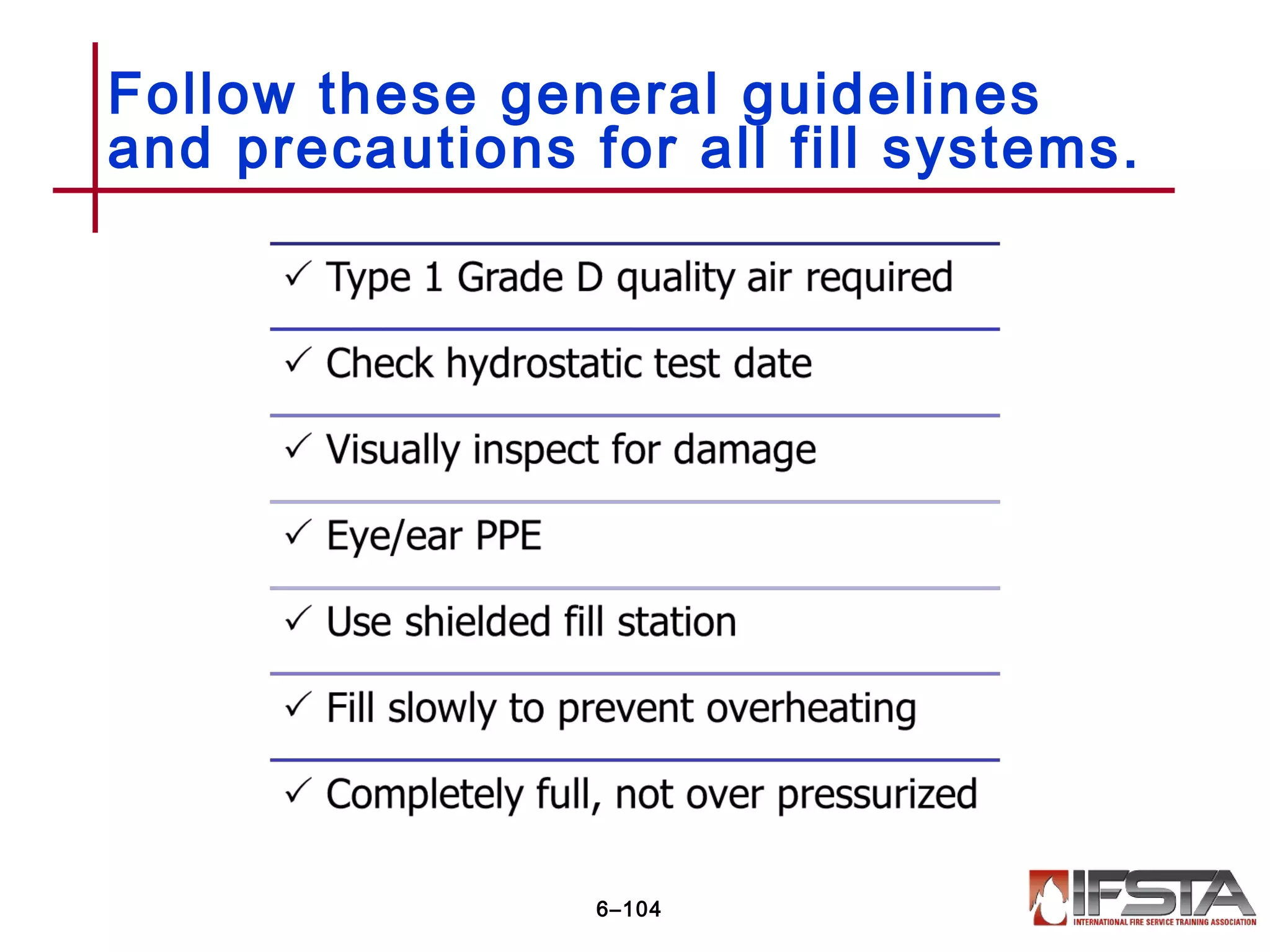 Follow these general guidelines
and precautions for all fill systems.
6–104
 