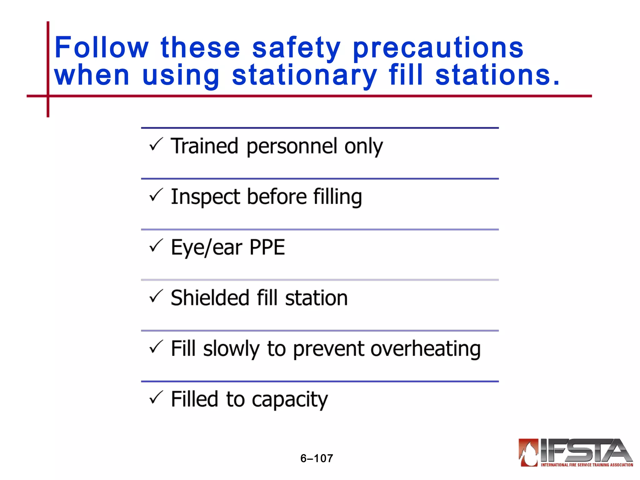 Follow these safety precautions
when using stationary fill stations.
6–107
 