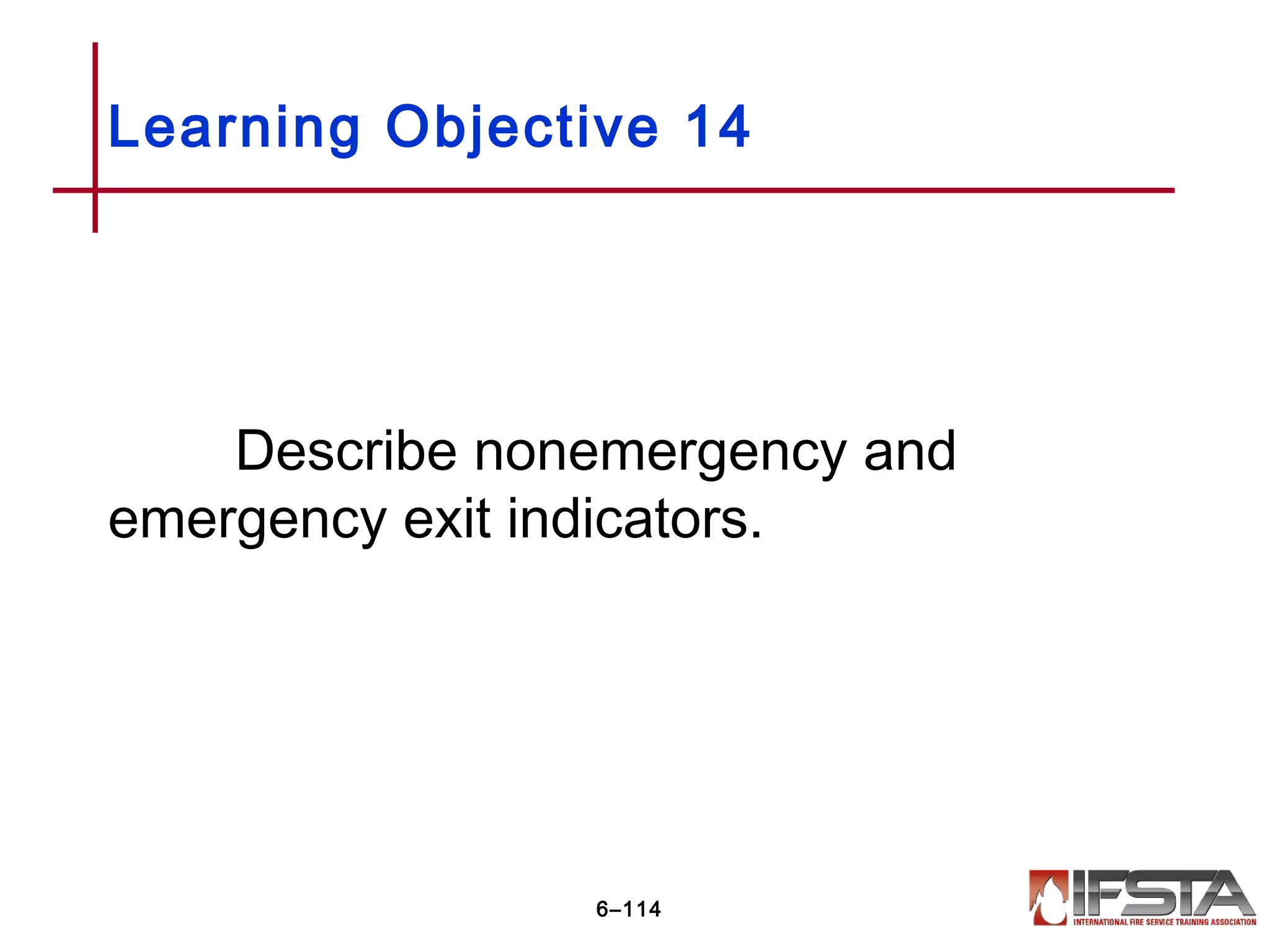 Describe nonemergency and
emergency exit indicators.
Learning Objective 14
6–114
 