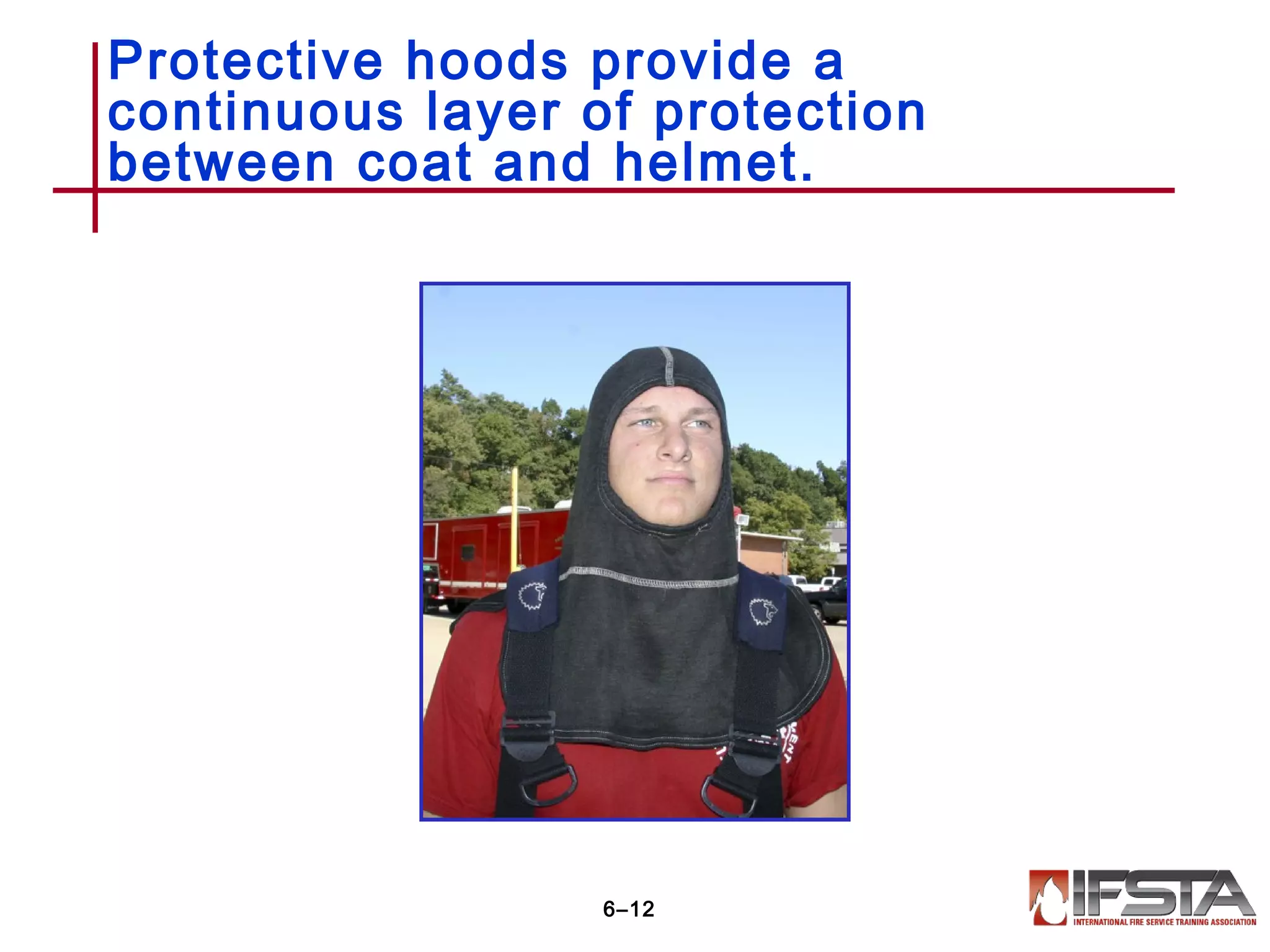 Protective hoods provide a
continuous layer of protection
between coat and helmet.
6–12
 