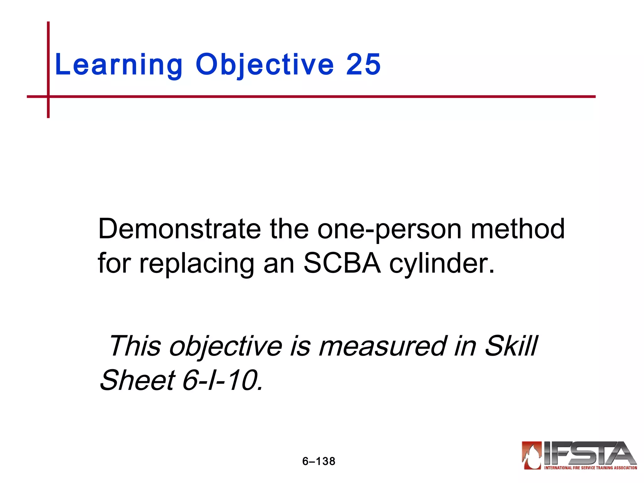 Demonstrate the one-person method
for replacing an SCBA cylinder.
This objective is measured in Skill
Sheet 6-I-10.
Learning Objective 25
6–138
 