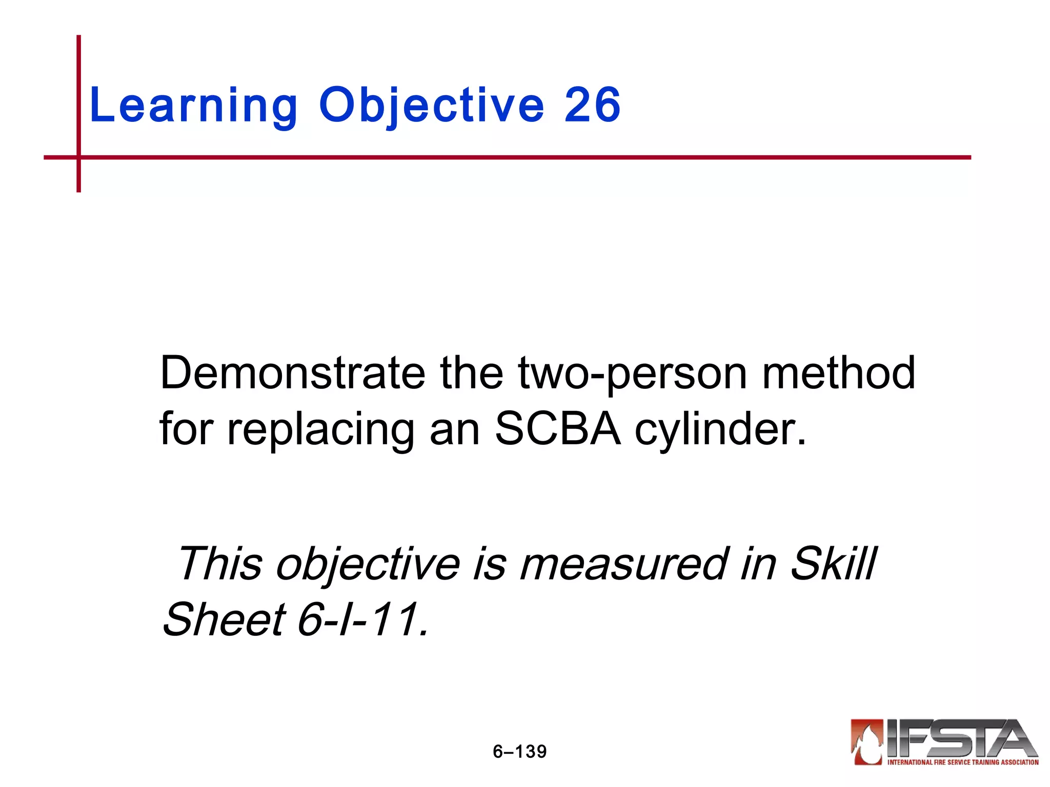Demonstrate the two-person method
for replacing an SCBA cylinder.
This objective is measured in Skill
Sheet 6-I-11.
Learning Objective 26
6–139
 