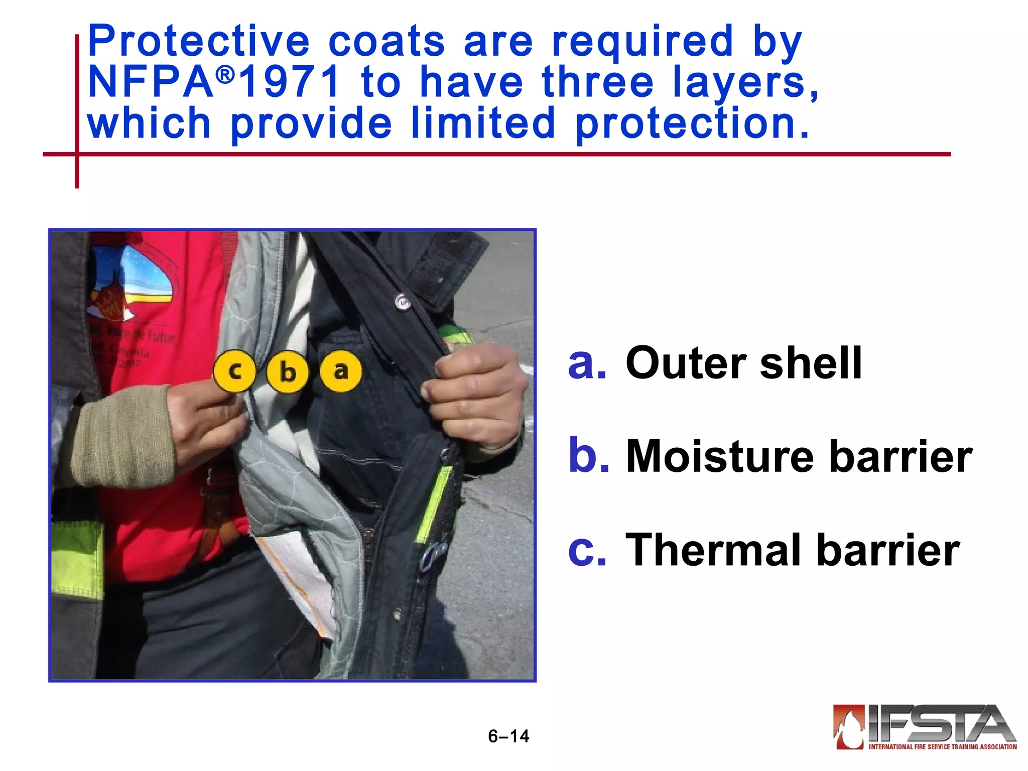 Protective coats are required by
NFPA®
1971 to have three layers,
which provide limited protection.
a. Outer shell
b. Moisture barrier
c. Thermal barrier
6–14
 