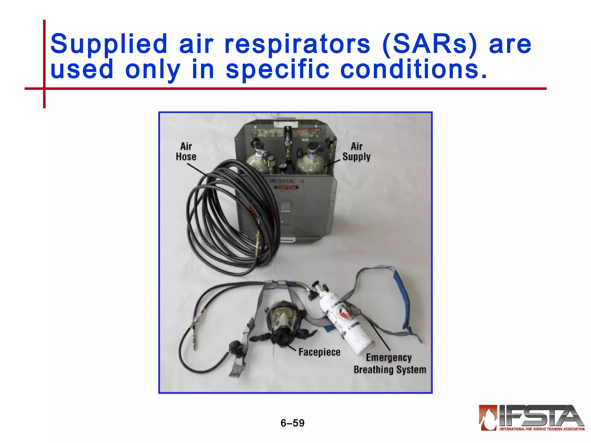Supplied air respirators (SARs) are
used only in specific conditions.
6–59
 