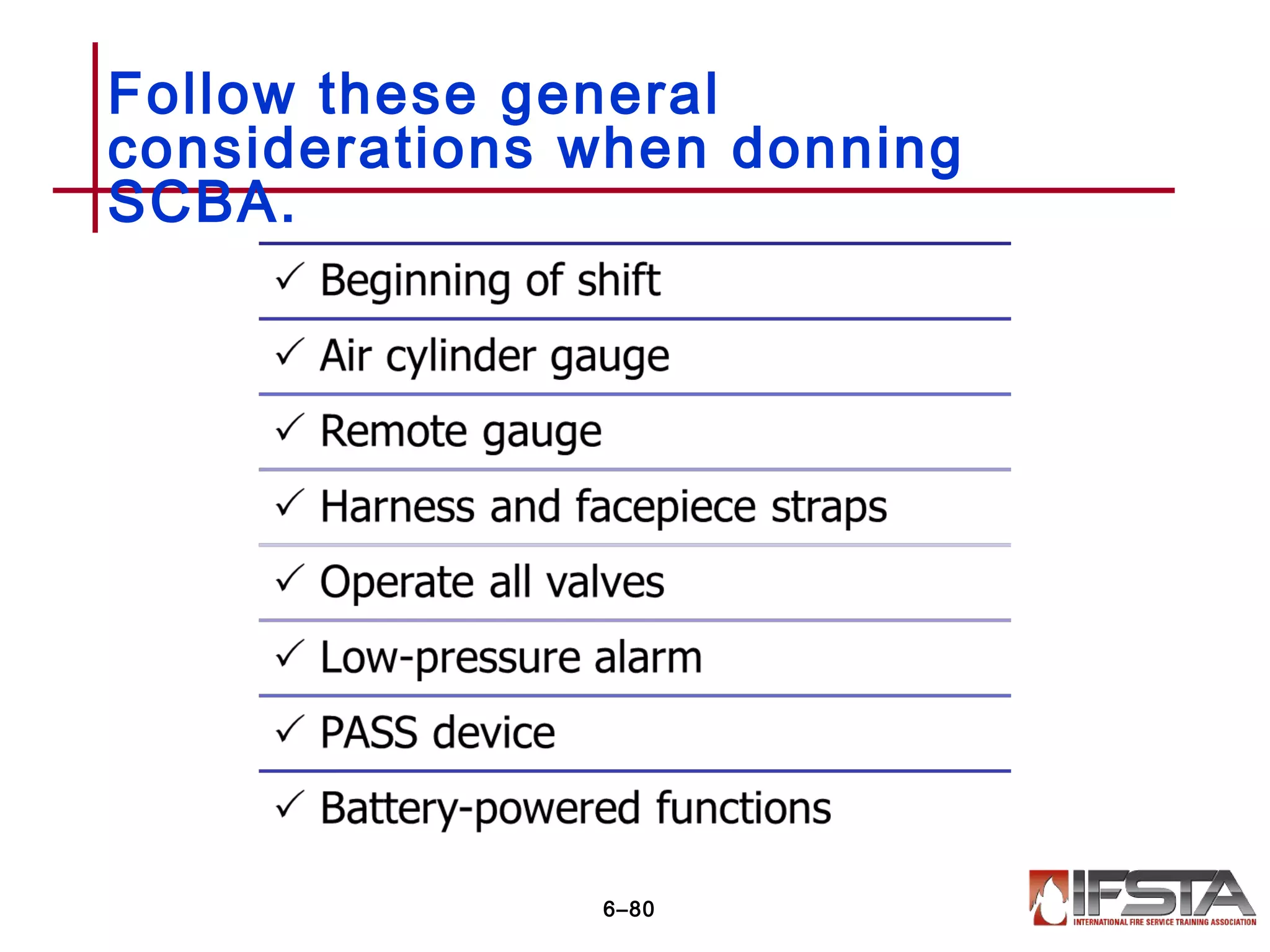Follow these general
considerations when donning
SCBA.
6–80
 