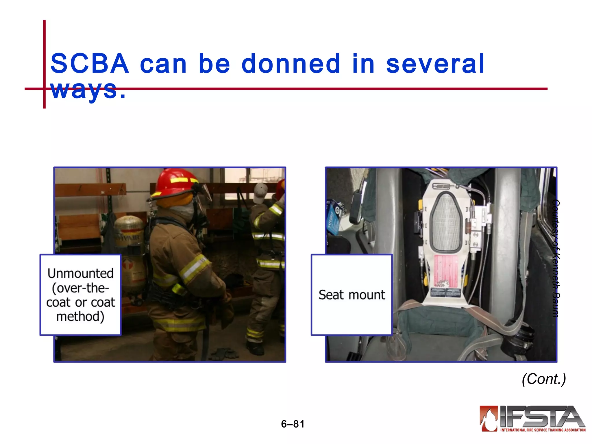 SCBA can be donned in several
ways.
6–81
CourtesyofKennethBaum
(Cont.)
 