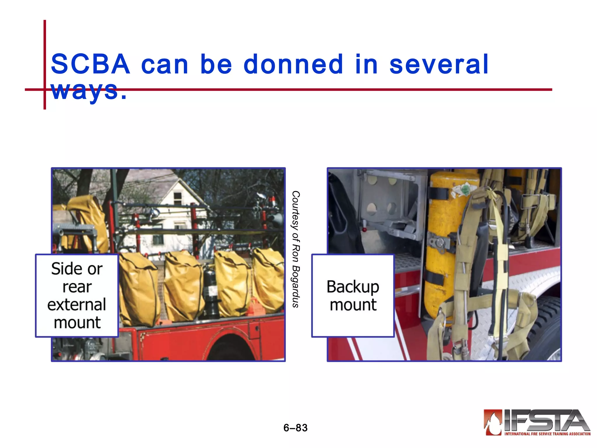 SCBA can be donned in several
ways.
6–83
CourtesyofRonBogardus
 