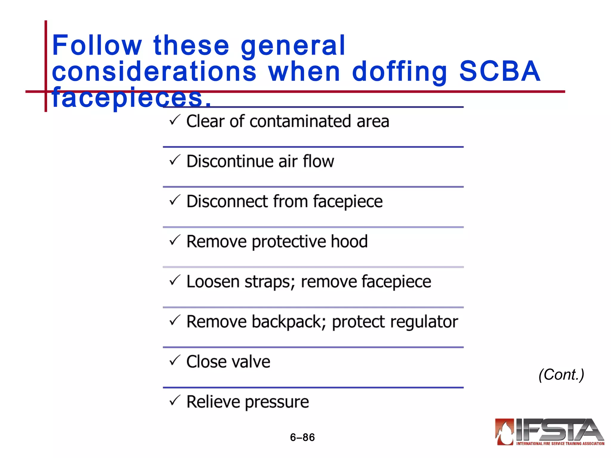 Follow these general
considerations when doffing SCBA
facepieces.
6–86
(Cont.)
 