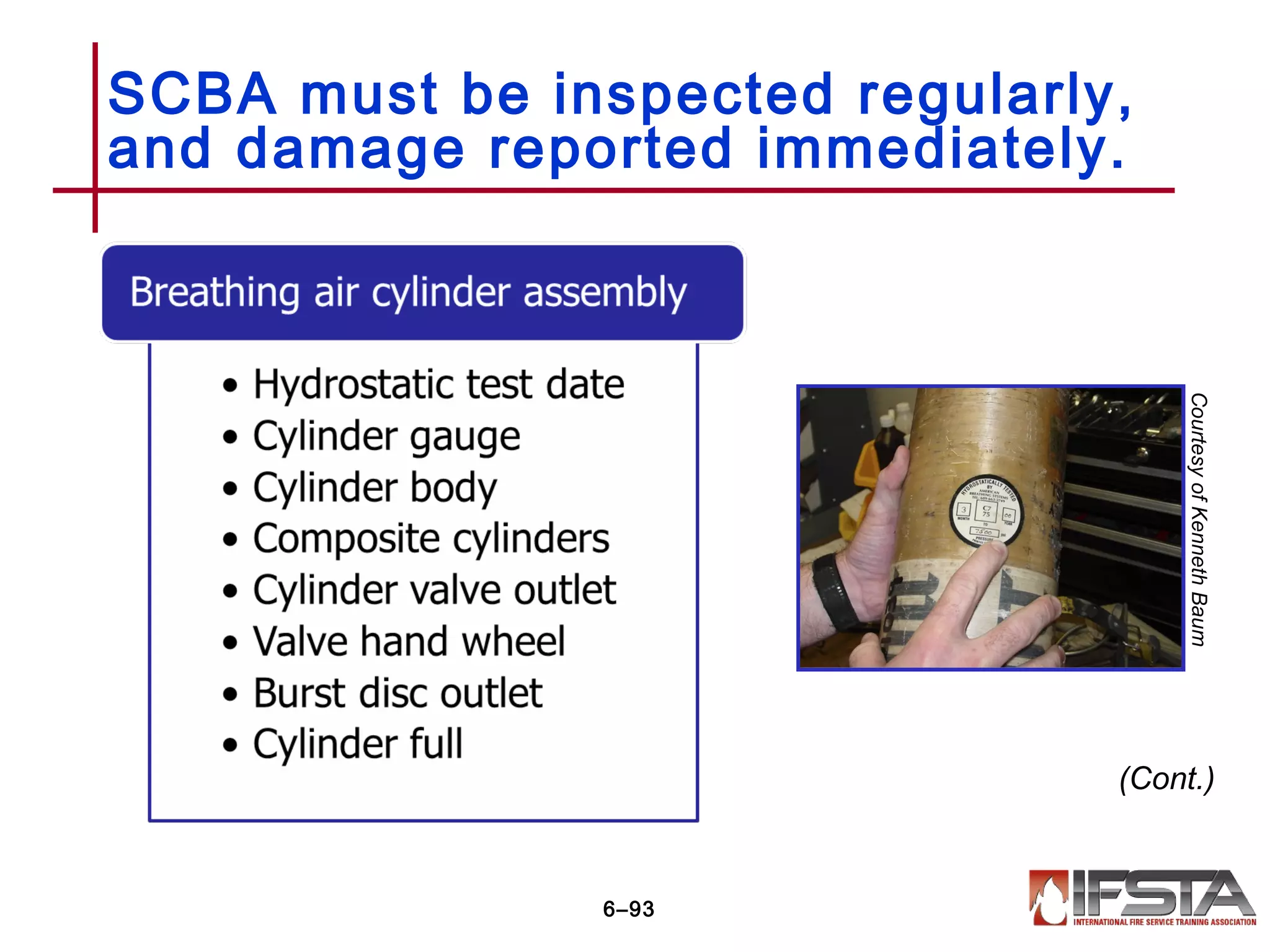 SCBA must be inspected regularly,
and damage reported immediately.
6–93
(Cont.)
CourtesyofKennethBaum
 