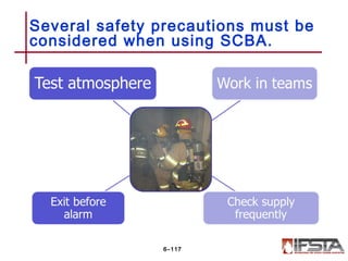 Several safety precautions must be
considered when using SCBA.
6–117
 
