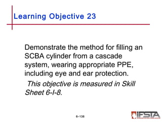 Demonstrate the method for filling an
SCBA cylinder from a cascade
system, wearing appropriate PPE,
including eye and ear protection.
This objective is measured in Skill
Sheet 6-I-8.
Learning Objective 23
6–136
 