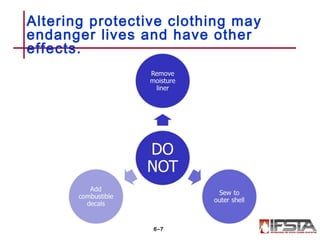 6–7
Altering protective clothing may
endanger lives and have other
effects.
 