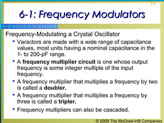 © 2008 The McGraw-Hill Companies
14
6-1: Frequency Modulators6-1: Frequency Modulators
Frequency-Modulating a Crystal Oscillator
 Varactors are made with a wide range of capacitance
values, most units having a nominal capacitance in the
1- to 200-pF range.
 A frequency multiplier circuit is one whose output
frequency is some integer multiple of the input
frequency.
 A frequency multiplier that multiplies a frequency by two
is called a doubler.
 A frequency multiplier that multiplies a frequency by
three is called a tripler.
 Frequency multipliers can also be cascaded.
 
